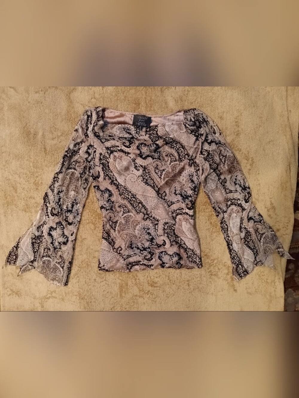 Carmen Marc Valvo Rose Gold and Black Paisley Cowl Neck Blouse - Picture 6 of 7